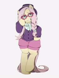 Size: 1620x2160 | Tagged: safe, artist:umeguru, character:fluttershy, species:pegasus, species:pony, episode:fake it 'til you make it, alternate hairstyle, bipedal, clothing, eye clipping through hair, female, glasses, hat, hipstershy, hoof on hip, looking at you, mare, simple background, solo, sweater, white background