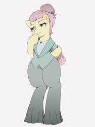Size: 1620x2160 | Tagged: safe, artist:umeguru, character:fluttershy, species:pegasus, species:pony, episode:fake it 'til you make it, alternate hairstyle, bipedal, clothing, female, hair bun, hoof on chin, mare, pants, severeshy, simple background, solo, white background