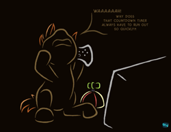 Size: 643x500 | Tagged: safe, artist:quint-t-w, character:button mash, species:earth pony, species:pony, beanie hat, controller, dialogue, gradient background, male, old art, screaming, screen, solo
