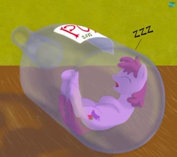 Size: 600x533 | Tagged: safe, artist:quint-t-w, character:berry punch, character:berryshine, species:earth pony, species:pony, 2014, bottle, drool, drunk, female, go home you're drunk, inside, micro, old art, onomatopoeia, open mouth, sleeping, solo, sound effects, zzz