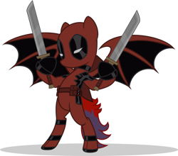 Size: 1280x1127 | Tagged: safe, artist:mlp-trailgrazer, oc, oc only, oc:kage, species:dracony, species:dragon, species:pony, clothing, cosplay, costume, deadpool, hybrid, simple background, solo, sword, transparent background, weapon