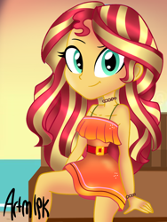 Size: 1536x2048 | Tagged: safe, artist:artmlpk, character:sunset shimmer, my little pony:equestria girls, alternate hairstyle, beach, belt, choker, clothing, cute, dress, female, legs, looking at you, shimmerbetes, smiling at you, solo, thighs
