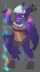 Size: 1080x1920 | Tagged: source needed, safe, artist:noben, oc, oc only, oc:calla blossom, species:anthro, species:bat pony, boots, clothing, coat, elemental magic, heterochromia, lightning, lightning magic, male, shoes, solo, tribal