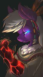 Size: 1080x1920 | Tagged: safe, artist:noben, oc, oc only, oc:calla blossom, species:anthro, species:bat pony, bust, clothing, coat, elemental magic, fangs, glowing eyes, lava, male, solo, tribal