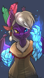 Size: 1080x1920 | Tagged: source needed, safe, artist:noben, oc, oc only, oc:calla blossom, species:anthro, species:bat pony, clothing, coat, ear piercing, earring, elemental magic, fangs, heterochromia, ice, ice magic, jewelry, male, piercing, solo, tribal