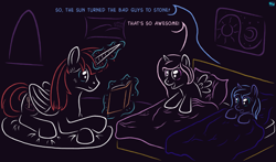 Size: 1111x654 | Tagged: safe, artist:quint-t-w, character:princess celestia, character:princess luna, oc, oc:fausticorn, species:alicorn, species:pony, alicorn oc, bed, book, cewestia, dialogue, female, filly, filly celestia, filly luna, foal, gradient background, lying down, magic, old art, picture, pillow, pink-mane celestia, s1 luna, telekinesis, younger