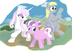 Size: 700x509 | Tagged: safe, artist:quint-t-w, character:derpy hooves, character:fleur-de-lis, character:nurse sweetheart, species:earth pony, species:pegasus, species:pony, species:unicorn, action pose, fairy tale, old art, pose, simple background, transparent background