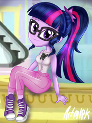 Size: 1536x2048 | Tagged: safe, artist:artmlpk, character:twilight sparkle, character:twilight sparkle (scitwi), species:eqg human, my little pony:equestria girls, bow, canterlot mall, clothing, converse, cute, escalator, fashion, female, fountain, jeans, looking at you, pants, ponytail, shoes, smiling, smiling at you, sneakers, solo, twiabetes