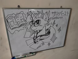 Size: 2048x1536 | Tagged: safe, artist:canvymamamoo, character:sunburst, species:pony, species:unicorn, board, book, ear fluff, glowing horn, horn, irl, magic, male, marker, marker drawing, photo, smiling, solo, stallion, telekinesis, traditional art