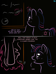 Size: 676x900 | Tagged: safe, artist:quint-t-w, character:pinkie pie, character:twilight sparkle, character:twilight sparkle (unicorn), species:earth pony, species:pony, species:unicorn, back of head, chalk, chalkboard, comic, dark background, dialogue, female, in which pinkie pie forgets how to gravity, magic, mare, old art, pinkie being pinkie, pinkie physics, pun, startled, telekinesis, writing