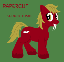 Size: 450x437 | Tagged: safe, artist:quint-t-w, oc, oc only, oc:papercut, species:pony, fangs, female, green background, looking at you, old art, original species, sabertooth pony, sharp teeth, simple background, solo, teeth, text, unshorn fetlocks