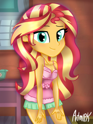 Size: 1536x2048 | Tagged: safe, artist:artmlpk, character:sunset shimmer, my little pony:equestria girls, adorkable, alternate design, bedroom, blushing, clothing, cute, dork, exposed shoulders, female, fluffy, hands on thighs, house, looking at you, pajamas, sexy, shimmerbetes, shorts, sleepover, smiling, smiling at you, smirk, solo, thighs, tomboy