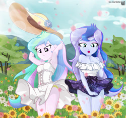 Size: 837x788 | Tagged: safe, artist:charliexe, character:princess celestia, character:princess luna, character:principal celestia, character:vice principal luna, my little pony:equestria girls, armpits, clothing, cute, cutelestia, digital art, dress, duo, female, flower, frilly underwear, hat, lacy underwear, lunabetes, miniskirt, panties, panty shot, siblings, sisters, skirt, skirt lift, sun hat, thighs, tree, underwear, upskirt, vice principal luna, wind, yellow underwear
