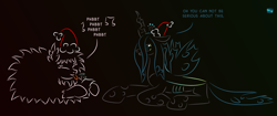 Size: 1000x421 | Tagged: safe, artist:quint-t-w, character:queen chrysalis, oc, oc:fluffle puff, species:changeling, species:pony, changeling queen, christmas, christmas carol, christmas changeling, clothing, dialogue, female, gradient background, hat, holiday, lying down, minimalist, modern art, music notes, old art, original species, paper, santa hat, spittle, tongue out