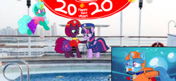 Size: 2340x1080 | Tagged: safe, artist:rainbow eevee edits, artist:徐詩珮, character:fizzlepop berrytwist, character:glitter drops, character:spring rain, character:tempest shadow, character:twilight sparkle, character:twilight sparkle (alicorn), species:alicorn, species:pony, species:unicorn, series:sprglitemplight diary, series:sprglitemplight life jacket days, series:springshadowdrops diary, series:springshadowdrops life jacket days, ship:glitterlight, ship:glittershadow, ship:tempestlight, alternate universe, bisexual, broken horn, clothing, cute, equestria girls outfit, female, flying, glitterbetes, happy new year, happy new year 2020, holiday, horn, lesbian, lifeguard, lifeguard spring rain, paw patrol, polyamory, shipping, snorkeling, sprglitemplight, springbetes, springdrops, springlight, springshadow, springshadowdrops, swimsuit, tempestbetes