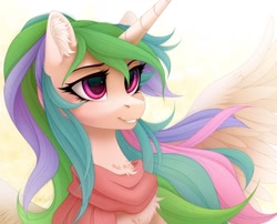 Size: 1280x1032 | Tagged: safe, artist:vird-gi, character:princess celestia, species:alicorn, species:pony, alternate hairstyle, cheek fluff, chest fluff, clothing, cute, cutelestia, ear fluff, female, ponytail, scarf, simple background, smiling, solo, spread wings, white background, wings