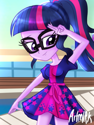 Size: 1800x2400 | Tagged: safe, artist:artmlpk, character:twilight sparkle, character:twilight sparkle (scitwi), species:eqg human, equestria girls:spring breakdown, g4, my little pony: equestria girls, my little pony:equestria girls, spoiler:eqg series (season 2), clothing, cruise, cruise ship, cute, digital art, dress, female, flowing hair, glasses, hand on head, looking at you, luxe deluxe, ponytail, smiling at you, solo, swimming pool, twiabetes