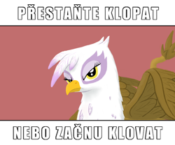 Size: 600x500 | Tagged: safe, artist:quint-t-w, character:gilda, species:griffon, anti-clop, bust, caption, czech, female, foreign language, image macro, looking at you, old art, simple background, solo, text, translation in description