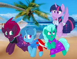 Size: 1406x1080 | Tagged: safe, artist:rainbow eevee edits, artist:徐詩珮, character:fizzlepop berrytwist, character:glitter drops, character:spring rain, character:tempest shadow, character:twilight sparkle, character:twilight sparkle (alicorn), species:alicorn, species:pony, species:unicorn, series:sprglitemplight diary, series:sprglitemplight life jacket days, series:springshadowdrops diary, series:springshadowdrops life jacket days, ship:glitterlight, ship:glittershadow, ship:tempestlight, alternate universe, bisexual, broken horn, clothing, cute, equestria girls outfit, female, glitterbetes, horn, lesbian, lifeguard, lifeguard spring rain, polyamory, shipping, sprglitemplight, springbetes, springdrops, springlight, springshadow, springshadowdrops, swimsuit, tempestbetes