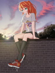 Size: 2560x3413 | Tagged: safe, artist:amarthgul, character:sunset shimmer, character:twilight sparkle, species:human, anime, beautiful, big crown thingy, brick wall, clothing, element of magic, female, high res, humanized, jewelry, legs, long socks, miniskirt, pleated skirt, ponytail, regalia, schrödinger's pantsu, shoes, sitting, skirt, smiling, sneakers, socks, solo, tree