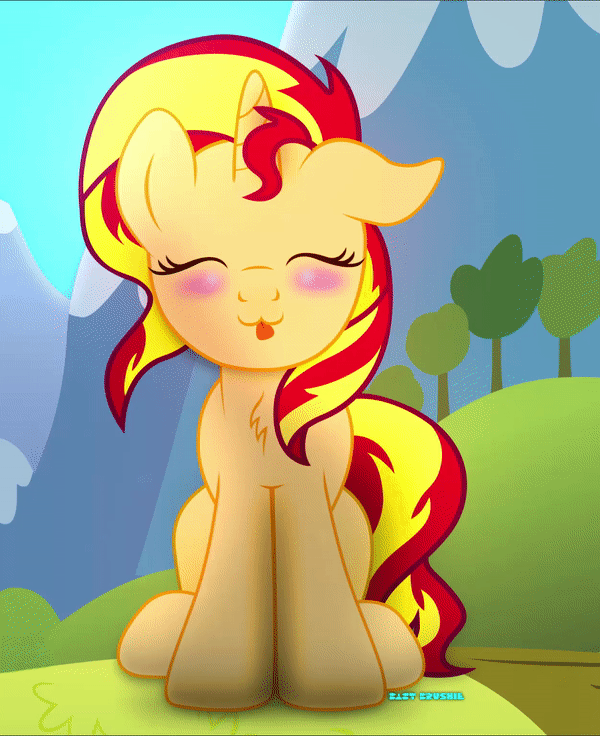 Size: 600x736 | Tagged: safe, artist:bastbrushie, part of a set, character:sunset shimmer, species:pony, species:unicorn, animated, bastbrushie is trying to kill us, blushing, chest fluff, cute, dancing, dawwww, ear down, eyes closed, female, gif, happy, mare, raspberry, shimmerbetes, sitting, solo, tongue out