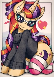 Size: 1439x2048 | Tagged: safe, artist:canvymamamoo, character:moondancer, species:pony, species:unicorn, blushing, clothing, ear fluff, female, glasses, heart, looking at you, mare, socks, solo, striped socks, sweater, traditional art