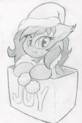 Size: 1675x2513 | Tagged: safe, artist:zemer, oc, oc:mariposa, species:pony, box, christmas, clothing, ear fluff, hat, holiday, pony in a box, santa hat, solo, traditional art