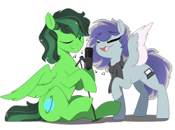 Size: 2150x1600 | Tagged: safe, artist:crimmharmony, oc, oc only, species:pegasus, species:pony, commission, female, male, mare, microphone, music notes, oc x oc, ship, shipping, simple background, transparent background