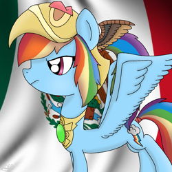 Size: 1000x1000 | Tagged: safe, artist:rainbow dash is best pony, character:rainbow dash, species:pegasus, species:pony, alternate design, alternate hairstyle, aztec, female, mexican flag, signature, solo