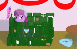 Size: 600x384 | Tagged: safe, artist:quint-t-w, character:berry punch, character:berryshine, species:earth pony, species:pony, 2016, bottle, bottle fort, cartoon physics, female, flag, fort, old art, pillow, punch (drink), punch bowl, smiling, smirk, solo, table