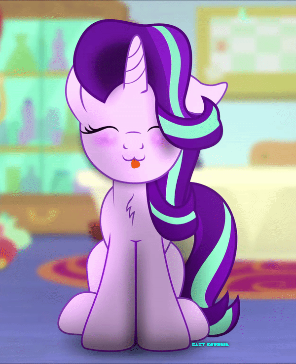 Size: 600x736 | Tagged: safe, artist:bastbrushie, part of a set, character:starlight glimmer, species:pony, species:unicorn, :3, animated, bastbrushie is trying to kill us, carpet, chest fluff, cute, dancing, dawwww, eyes closed, female, gif, glimmerbetes, happy, hnnng, mare, silly, sitting, solo, table, tongue out