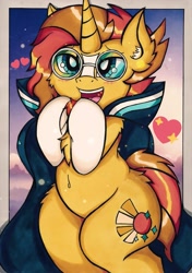 Size: 1441x2048 | Tagged: safe, alternate version, artist:canvymamamoo, character:sunburst, species:earth pony, species:pony, species:unicorn, belly button, bipedal, cape, chest fluff, clothing, cute, glasses, heart, hooves together, male, open mouth, smiling, socks (coat marking), solo, stallion, sunbetes, underhoof