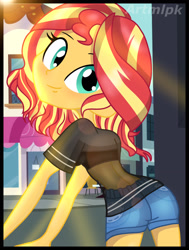 Size: 1799x2378 | Tagged: safe, artist:artmlpk, character:sunset shimmer, my little pony:equestria girls, adorasexy, alternate hairstyle, ass, beautiful, blushing, bra, butt, clothing, crop top bra, cute, denim shorts, design, female, hair, looking at you, looking back, looking back at you, looking over shoulder, see-through, see-through shirt, sexy, shimmerbetes, short hair, shorts, smiling, smiling at you, solo, sultry pose, tomboy, underwear