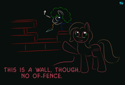 Size: 750x510 | Tagged: safe, artist:quint-t-w, oc, oc only, oc:lemming pony, oc:pun, species:earth pony, species:pony, brick, brick wall, dialogue, gradient background, looking at you, minimalist, modern art, mouth hold, old art, pun, question mark, wall