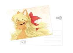 Size: 955x700 | Tagged: safe, artist:vird-gi, character:applejack, species:earth pony, species:pony, beautiful, bow, chest fluff, ear fluff, eyes closed, female, hair bow, mare, postcard, signature, smiling, solo, windswept mane