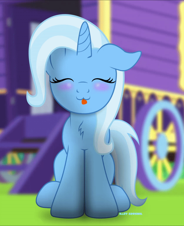 Size: 600x736 | Tagged: safe, artist:bastbrushie, part of a set, character:trixie, species:pony, species:unicorn, :3, animated, bastbrushie is trying to kill us, chest fluff, cute, dancing, dawwww, diatrixes, eyes closed, female, floppy ears, gif, grass, mare, onomatopoeia, raspberry, raspberry noise, sitting, solo, tongue out, wheel