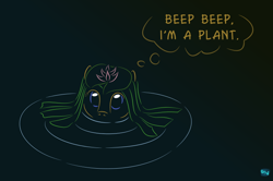 Size: 700x466 | Tagged: safe, artist:quint-t-w, oc, oc only, oc:little willow, species:earth pony, species:pony, beep beep, gradient background, lily pad, looking at you, minimalist, modern art, old art, ripple, solo, submerged, thinking, thought bubble, water, water lily
