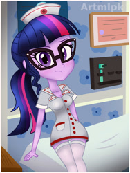 Size: 1800x2389 | Tagged: safe, artist:artmlpk, character:twilight sparkle, character:twilight sparkle (scitwi), species:eqg human, my little pony:equestria girls, adorable face, adorkable, alternate hairstyle, bed, blushing, breasts, cleavage, clothing, costume, cute, design, digital art, diploma, dork, female, hat, hospital, hospital bed, looking at you, nurse, nurse hat, nurse outfit, outfit, poster, room, socks, solo, twiabetes