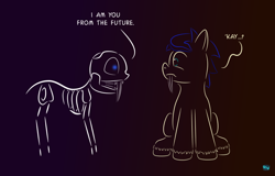 Size: 922x590 | Tagged: safe, artist:quint-t-w, oc, oc only, oc:silly words, species:pony, bone, dialogue, fangs, glowing eyes, gradient background, implied time travel, looking at each other, minimalist, modern art, old art, original species, sabertooth pony, self paradox, sharp teeth, shocked, sitting, skeleton, teeth, unshorn fetlocks