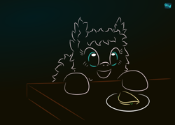 Size: 580x415 | Tagged: safe, artist:quint-t-w, oc, oc only, oc:fluffle puff, species:earth pony, species:pony, food, gradient background, happy, hooves on the table, minimalist, modern art, old art, original species, plate, solo, table, taco