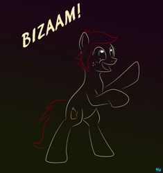 Size: 700x745 | Tagged: safe, artist:quint-t-w, oc, oc only, oc:canni soda, species:earth pony, species:pony, bipedal, bizaam, excited, galacon, gradient background, mascot, minimalist, modern art, old art, solo, yelling