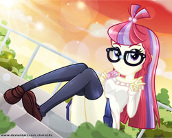 Size: 1025x826 | Tagged: safe, artist:charliexe, character:moondancer, my little pony:equestria girls, bare shoulders, clothing, cute, drinking, equestria girls-ified, female, glasses, legs, looking at you, moe, peace sign, pleated skirt, schrödinger's pantsu, shoes, skirt, socks, thigh highs, thighs, zettai ryouiki