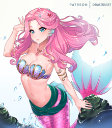 Size: 1100x1250 | Tagged: safe, artist:draltruist, character:fluttershy, anime, belly button, breasts, busty fluttershy, cute, digital art, female, fin ears, gills, jewelry, mermaid, mermaidized, michelle (dragon quest), midriff, monster girl, necklace, seashell bra, shell, shyabetes, smiling, solo, species swap, starfish, underwater