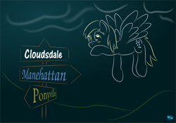 Size: 700x491 | Tagged: safe, alternate version, artist:quint-t-w, character:derpy hooves, species:pegasus, species:pony, cloud, female, flying, gradient background, hoof on chin, minimalist, modern art, old art, redraw, road sign, solo