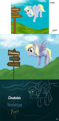 Size: 435x888 | Tagged: safe, alternate version, artist:quint-t-w, character:derpy hooves, species:pegasus, species:pony, 2011, 2017, artist progress, cloud, comparison, draw this again, female, flying, hoof on chin, minimalist, modern art, old art, redraw, road sign, solo