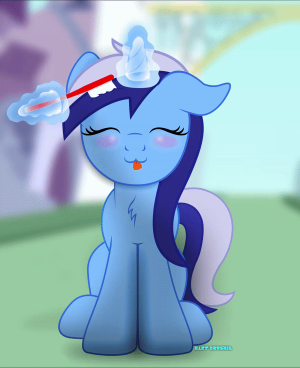 Size: 600x736 | Tagged: safe, artist:bastbrushie, part of a set, character:minuette, species:pony, species:unicorn, :3, animated, bastbrushie is trying to kill us, blep, blushing, brushie, brushing, canterlot, cute, dancing, dawwww, eyes closed, female, gif, happy, horn, magic, minubetes, raspberry, silly, silly pony, sitting, solo, street, tongue out, toothbrush, weapons-grade cute
