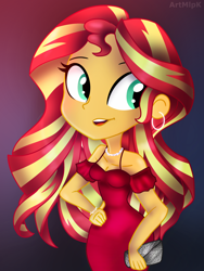 Size: 1800x2400 | Tagged: safe, artist:artmlpk, character:sunset shimmer, species:human, my little pony:equestria girls, bracelet, breasts, cleavage, clothing, cute, digital art, dress, ear piercing, earring, fashion, female, hands on hip, jewelry, looking over shoulder, necklace, piercing, red dress, shimmerbetes, solo