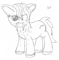 Size: 900x912 | Tagged: safe, artist:quint-t-w, oc, oc only, oc:papercut, species:pony, annoyed, fangs, lineart, old art, one eye closed, original species, pencil drawing, sabertooth pony, sharp teeth, simple background, sketch, solo, teeth, traditional art, unshorn fetlocks, wet, wet mane, white background, wink