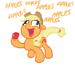 Size: 685x638 | Tagged: safe, artist:elslowmo, artist:shoutingisfun, part of a set, character:applejack, species:earth pony, species:pony, apple, applenese, female, flanderization, mare, obligatory apple, one word, shouting's characters, simple background, solo, that pony sure does love apples, white background