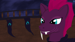 Size: 1200x675 | Tagged: safe, artist:quint-t-w, character:tempest shadow, species:pony, my little pony: the movie (2017), alternate timeline, armor, broken tooth, fangs, female, flag, old art, original species, sabertooth pony, scar, sharp teeth, ship, solo, species swap, teeth